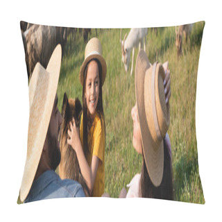 Personality  Girl In Straw Hat Smiling Near Cattle Dog And Parents On Green Pasture, Banner Pillow Covers