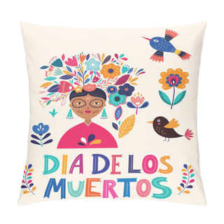 Personality  Beautiful Vector Illustration With Design For Mexican Holiday Dia De Los Muertros. Vector Template With Mexican Woman Pillow Covers