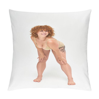 Personality  Joyful Curvy And Redhead Model In Beige Lingerie Posing And Looking Away On White, Full Length Pillow Covers