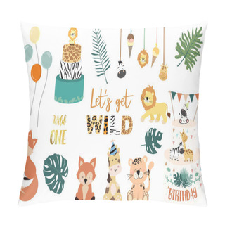 Personality  Safari Object Set With Fox,giraffe,zebra,lion,leaves. Illustrati Pillow Covers