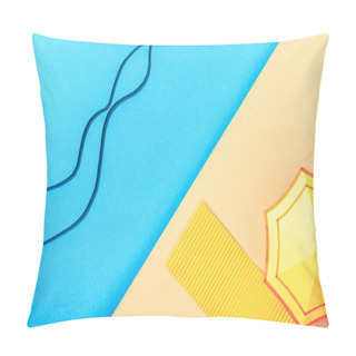 Personality  Top View Of Wavy Paper Blue Sea With Towel And Umbrella On Shore Pillow Covers