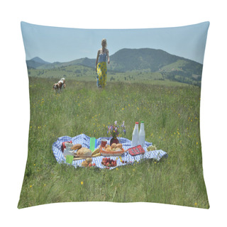 Personality  Woman And Dog Approaching Picnic Set Pillow Covers
