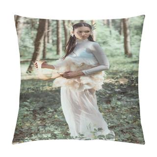 Personality  Tender Woman In White Swan Costume With Scroll Standing On Forest Background, Looking Away Pillow Covers