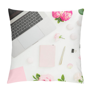 Personality  Laptop, Roses, Diary And Envelope On White Background. Flat Lay. Pillow Covers