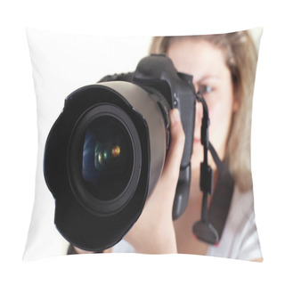 Personality  The Photographer... Young Woman Holding A Big Camera Pillow Covers