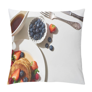 Personality  Top View Of Delicious Pancakes With Blueberries And Strawberries On Plate Near Cutlery And Maple Syrup In Gravy Boat On Marble White Surface Pillow Covers