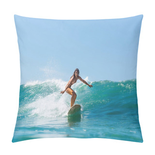 Personality  Beautiful Young Brunette Girl In A Bikini Swimsuit Ride Wave. Sporty Surfer Woman Surfing In Mauritius In The Indian Ocean On The Background Of Blue Sky, Clouds And Transparent Waves. Outdoor Active. Pillow Covers