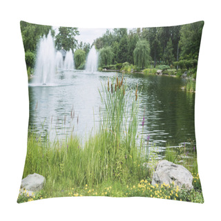 Personality  Selective Focus Of Reeds Near Stones And Pond With Fountains  Pillow Covers