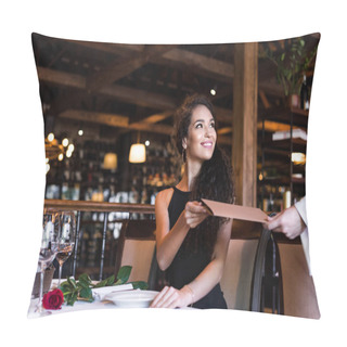 Personality  Woman With Menu In Restaurant Pillow Covers