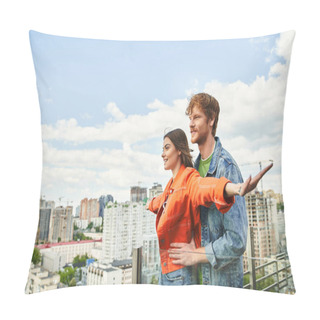 Personality  A Man And A Woman Stand Confidently On The Rooftop Of A Building, Overlooking The Cityscape Below, Their Hair Blowing In The Wind Pillow Covers