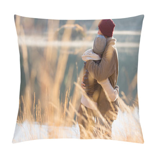 Personality  Back View Of Young Couple Hugging In Winter Pillow Covers