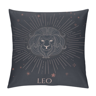 Personality   Illustration Of Lion Head, Zodiac Sign - Leo, Black And Gold With Stars Pillow Covers