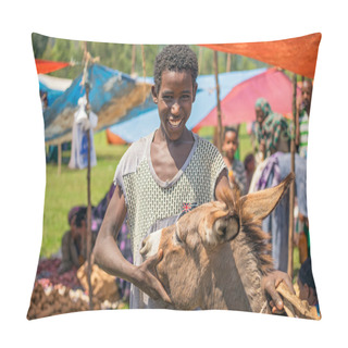Personality  Ethiopian Boy With His Donkey At A Market  In Ethiopia Pillow Covers
