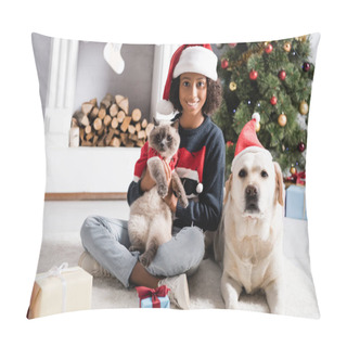 Personality  African American Girl, Labrador Dog And Cat Looking At Camera Near Gift Boxes And Christmas Tree On Blurred Background Pillow Covers