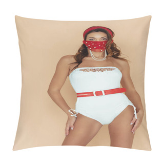 Personality  Stylish Woman In White Bathing Suit And Mask Isolated On Beige  Pillow Covers