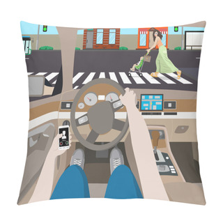 Personality  The Driver Was Distracted By Ringing Phone And Noticed A Woman With A Stroller On The Road. Vector Illustration Pillow Covers