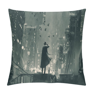 Personality  Film Noir Concept Showing The Detective Holding A Gun To His Head And Standing On Roof Top At Rainy Night, Digital Art Style, Illustration Painting Pillow Covers