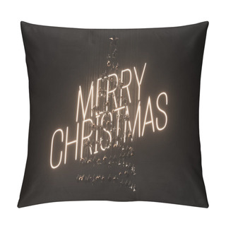 Personality  A Concept Of A Collection Of Hanging Christmas Decorations Making The Shape Of A Tree Backlit By A Neon Sign Saying Merry Christmas - 3D Render Pillow Covers