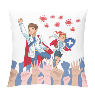 Personality  Super Doctors Couple Vs Covid19 With People Cheering Pillow Covers