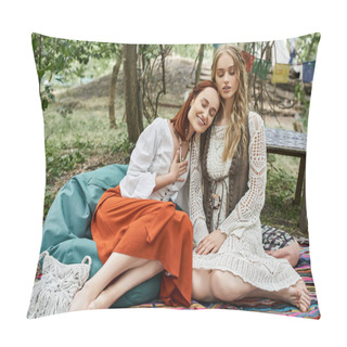 Personality  Positive Women In Stylish Boho Outfits Meditating Together On Meadow In Retreat Center Pillow Covers