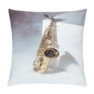 Personality  Close-up View Of Professional Saxophone In Smoke On Grey Pillow Covers