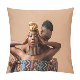 Personality  Sexy Naked Tribal Afro Woman Covered In Blanket Posing Near Man Isolated On Beige Pillow Covers