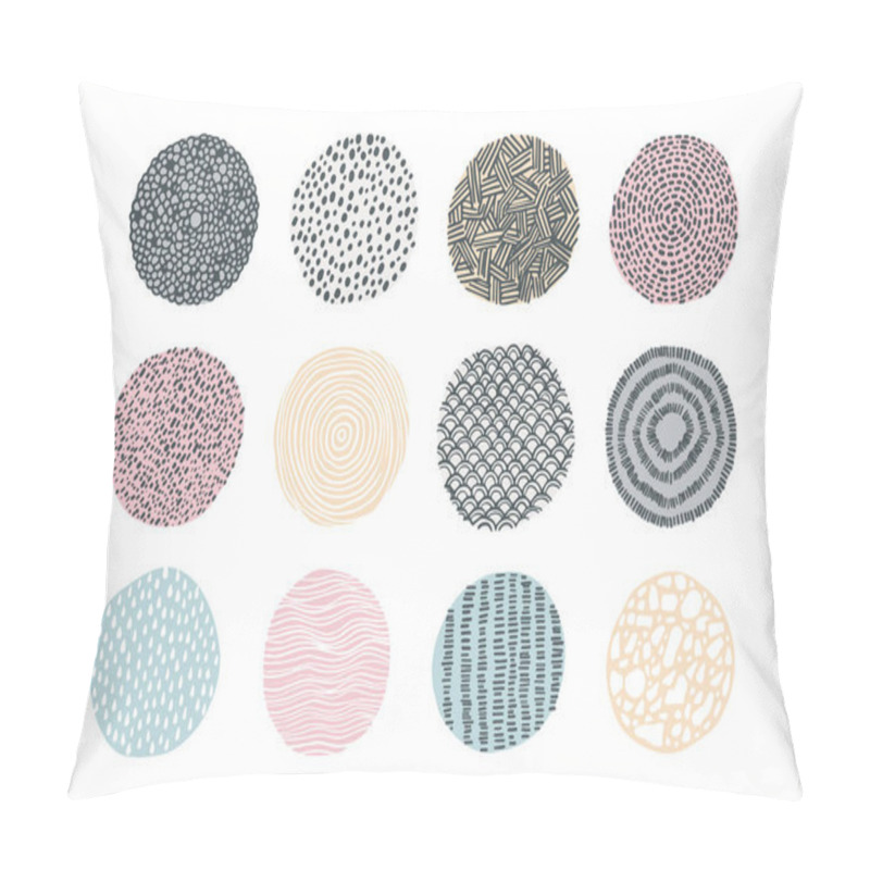 Personality  Doodle texture. Abstract hand drawn circles with repeating print. Round shapes and drops or strokes decorative elements. Minimalist background. Dotted line and hatching, vector set pillow covers