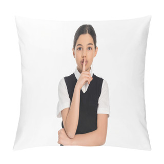 Personality  Brunette Schoolgirl Showing Hush Sign And Looking At Camera Isolated On White, Shh, Finger Near Lips Pillow Covers
