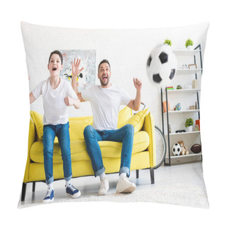 Personality  Excited Father And Son Cheering While Watching Sports Match In Living Room Pillow Covers