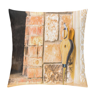 Personality  Fireplace Bellows Leaned To The Corner Of The Bricky Wall Pillow Covers