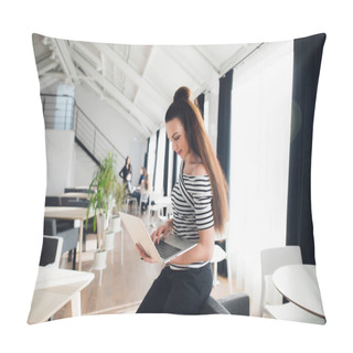 Personality  Hipster Woman Use Laptop Huge Loft Studio. Student Researching Process Work. Creative Startup Modern Office. Analyze Market Stock, New Strategy. Blurred, Horizontal. Pillow Covers