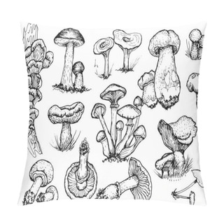 Personality  Mushrooms Mushroom Menu .Graphic Illustration Hand Drawn. Seamless Pattern. Engraving, Doodle, Sketch, Retro, Vintage. Separate Elements On The Background. Edible Mushrooms, Boletus, Chanterelles, Russula, Honey Mushrooms. Pillow Covers
