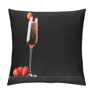 Personality  Elegant Glass Of Pink Rose Champagne With Strawberry On Top On Black Marble Board On Black Background.  Pillow Covers