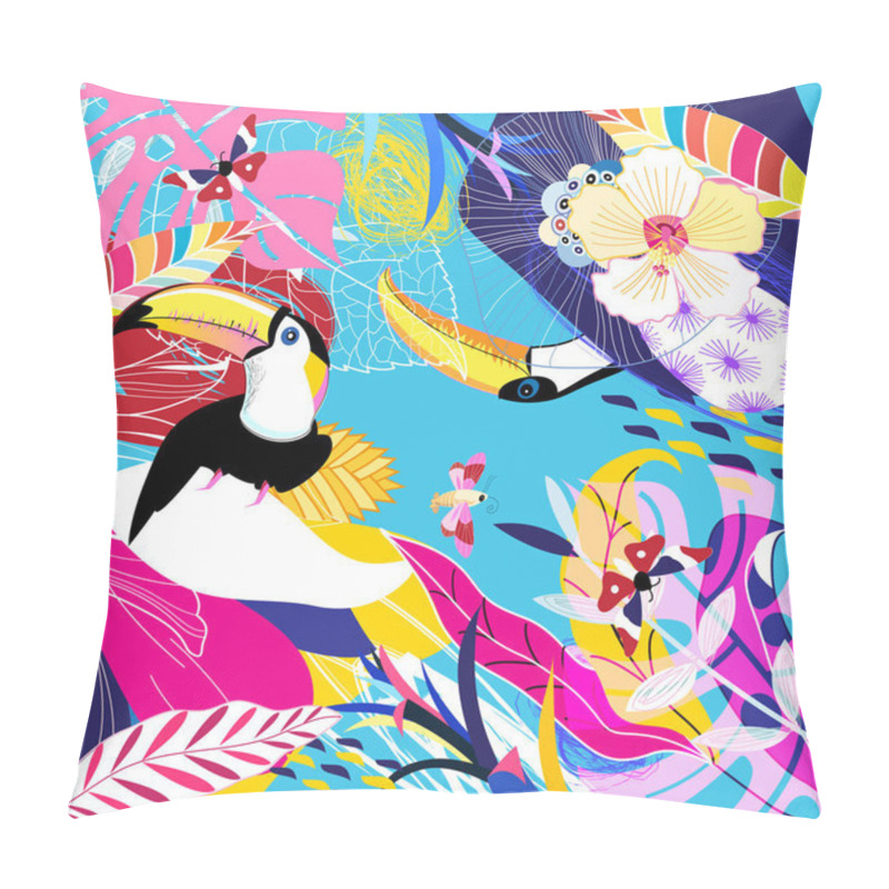 Personality  Vector tropical background with leaf and toucans pillow covers