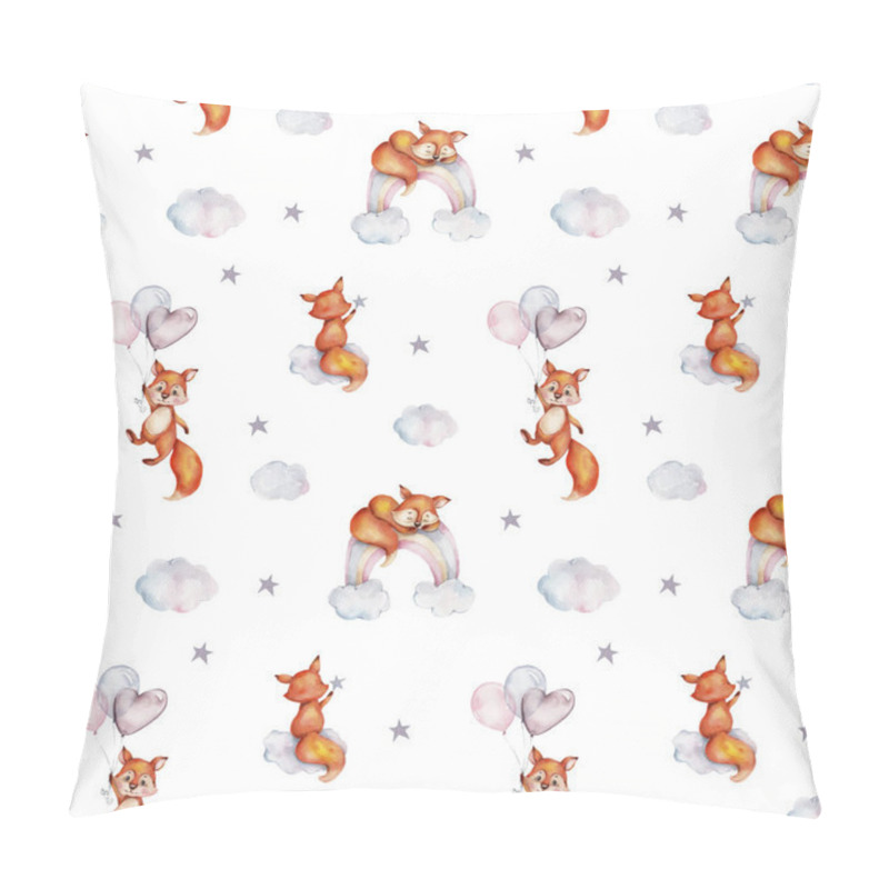Personality  Seamless Pattern Cute Cartoon Foxes, Clouds, Stars, Rainbows And Balloons; Watercolor Hand Draw Illustration; Can Be Used For Baby Shower And Cards; With White Isolated Background Pillow Covers