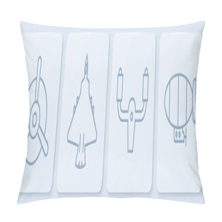 Personality  Set Line Plane Propeller, Aircraft Steering Helm, Jet Fighter And Airship. White Square Button. Vector. Pillow Covers