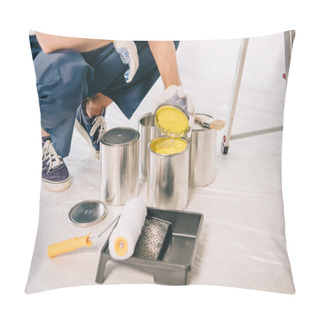 Personality  Partial View Of Painter In Uniform Opening Can With Yellow Paint Pillow Covers