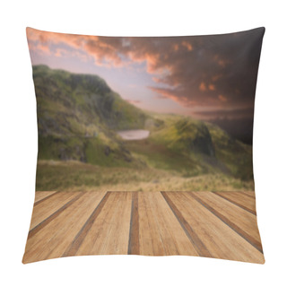 Personality  Moody Dramatic Mountain Sunset Landscape With Wooden Planks Floo Pillow Covers