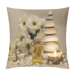 Personality  Chamomile Essential Oil, Bouquet Of Chamomile Flowers, Stack Of Rocks And Candle Pillow Covers