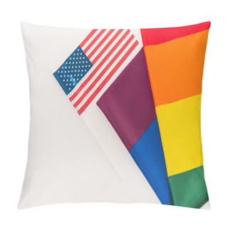 Personality  High Angle View Of American And Lgbt Flags Isolated On White Pillow Covers