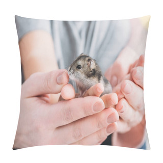 Personality  Selective Focus Of Mother And Son With Adorable Hamster In Hands Pillow Covers