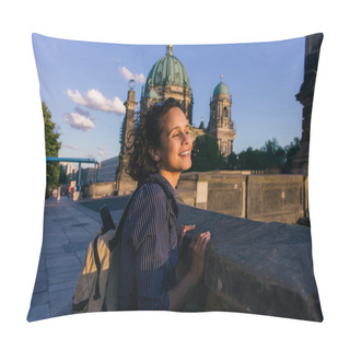 Personality  BERLIN, GERMANY - JULY 14, 2020: Joyful Young Woman Near Blurred Berlin Cathedral Pillow Covers