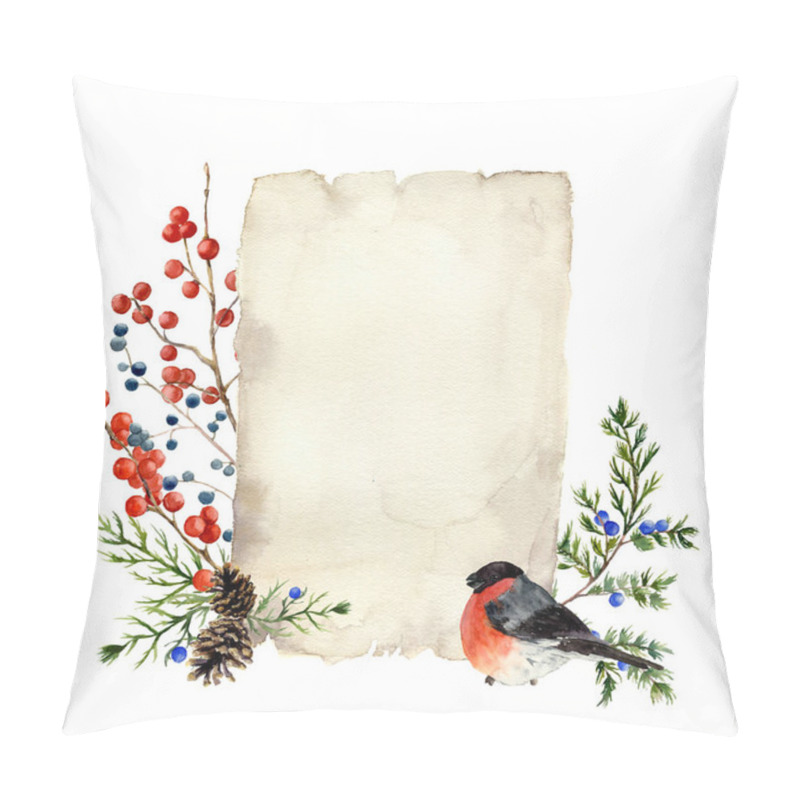 Personality  Watercolor Card Design With Winter Berries, Textured Old Paper And Bullfinch. Illustration With Juniper, Red Berry And Bird. For Design Or Background Pillow Covers