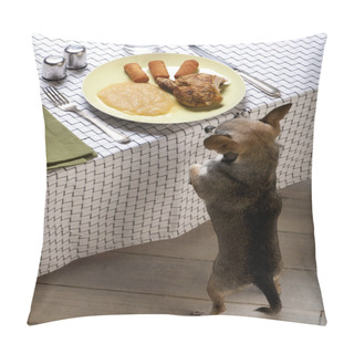 Personality  Chihuahua Licking Lips And Looking At Food On Plate At Dinner Table Pillow Covers