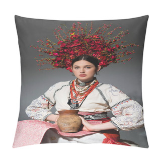Personality  Young Ukrainian Woman In Traditional Clothes And Red Wreath With Flowers Holding Clay Pot On Grey Pillow Covers