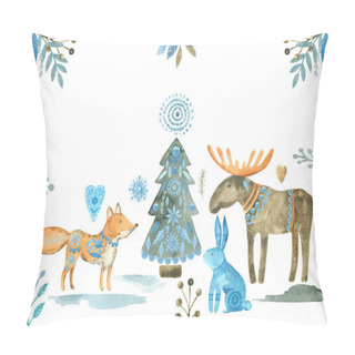 Personality  Folk Christmas Animals Clipart Watercolor Illustration Of A Nordic Winter Elements Collection Pillow Covers