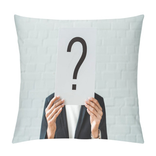 Personality  Cropped View Of Woman Holding Placard With Question Mark Near Brick Wall  Pillow Covers