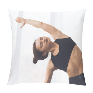 Personality  Fitness Concept. Relaxed Girl Streching Arms And Exercising Pillow Covers