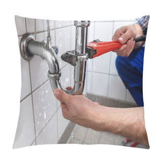 Personality  Male Plumber's Hand Repairing Sink Pipe Leakage With Adjustable Wrench Pillow Covers