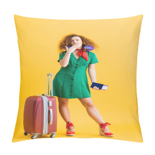 Personality  Full Length Of Sleepy Tourist In Green Dress With Travel Pillow Holding Passport And Yawning Near Suitcase On Yellow  Pillow Covers